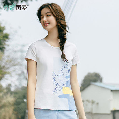 茵曼旗舰店印花圆领短袖T恤女宽松上衣2018夏装新款纯棉半袖体恤商品大图