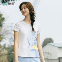 茵曼旗舰店印花圆领短袖T恤女宽松上衣2018夏装新款纯棉半袖体恤图片