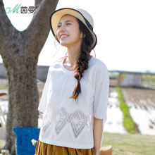 茵曼旗舰店纯棉五分宽松T恤女上衣2018夏装新款落肩袖蕾丝半截袖图片