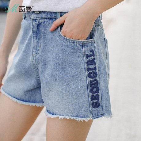 茵曼旗舰店2018夏装新款简约宽松绣花百搭纯棉牛仔短裤女裤热裤商品大图