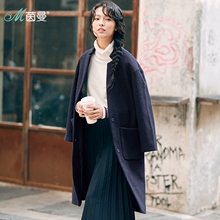 茵曼旗舰店2018秋装新款中长款羊毛呢大衣女风衣秋秋呢子长外套图片