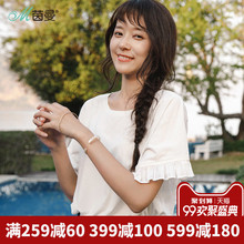 茵曼旗舰店全棉木耳边衬衫2018夏装新款圆领宽松短袖衬衣套头上衣图片