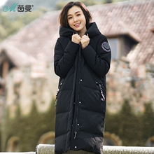 茵曼旗舰店2018冬装新款连帽黑色羽绒服中长款过膝显瘦加厚羽绒衣图片
