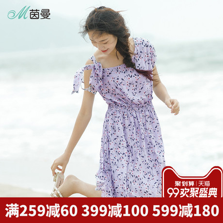 茵曼旗舰店碎花短袖连衣裙2018夏装新款橡筋收腰露肩连身裙中长裙商品大图