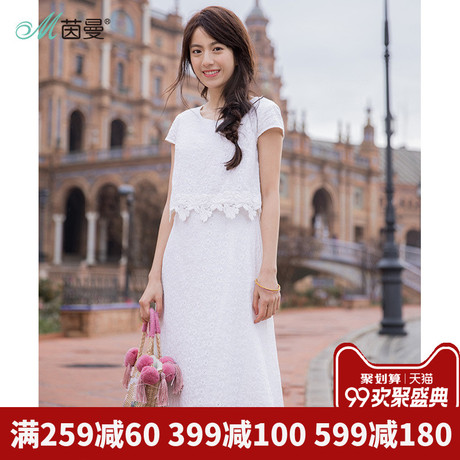 茵曼旗舰店白色假两件短袖连衣裙2018夏装新款绣花钩花中长裙女裙商品大图