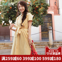 茵曼格子连衣裙2018夏装新款全棉蝴蝶结系带收腰衬衫裙中长裙女裙图片
