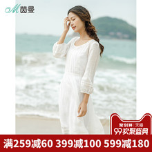 茵曼旗舰店棉麻连衣裙2018夏装新款女装苎麻百褶裙中长裙过膝裙子图片