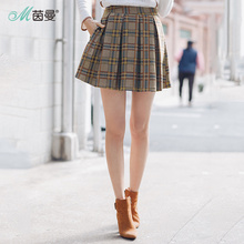 茵曼旗舰店百褶裙短裙女装2018夏装新款百搭显瘦格纹裤裙女半身裙图片