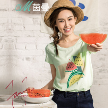 茵曼旗舰店夏季短袖t恤女装2018新款短袖体恤印花半袖打底衫上衣图片