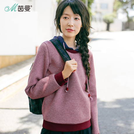 茵曼旗舰店2018秋装新款连帽宽松纯色保暖套头卫衣女打底上衣外套商品大图