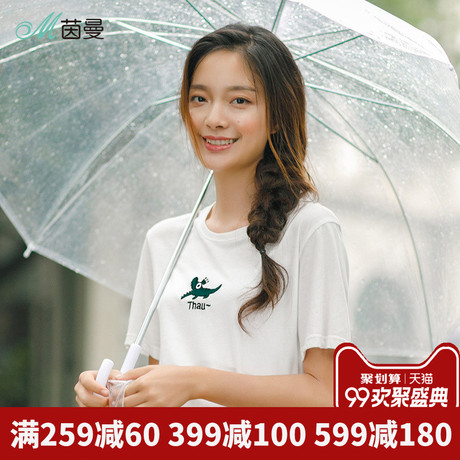 茵曼旗舰店全棉短袖T恤女上衣2018夏装新款圆领宽松半截袖体恤衫商品大图