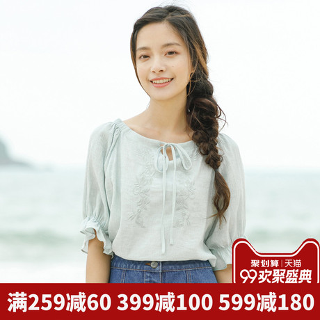 茵曼旗舰店短袖衬衫女装2018夏装新款圆领百搭套头衫女宽松上衣服商品大图