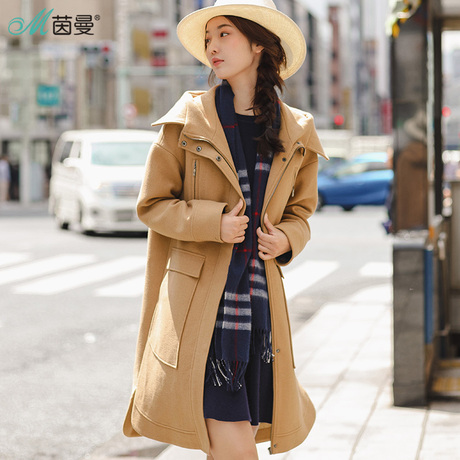 茵曼旗舰店2018冬装新款连帽中长款百搭羊毛呢外套女呢子大衣风衣商品大图