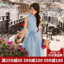 茵曼旗舰店全棉无袖连衣裙2018夏装新款翻领收腰显瘦中长裙衬衫裙图片