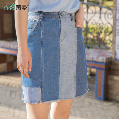 茵曼旗舰店棉麻牛仔裙2018夏装新款高腰半身裙一步裙短裙包臀裙子商品大图