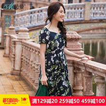 茵曼旗舰店印花连衣裙2018夏装新款V领收腰显瘦减龄中长裙过膝裙图片