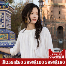 茵曼五分袖衬衫女套头白衬衣2018夏装新款木耳边绣花中袖上衣寸衫图片
