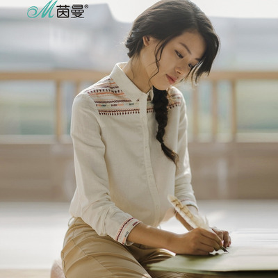 茵曼旗舰店棉麻衬衫女装2018秋装新款民族风绣花亚麻长袖衬衣寸衫
