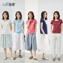 茵曼旗舰店宽松短袖T恤女上衣新款2018夏季女装打底半截袖体恤衫图片