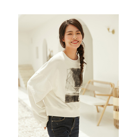 茵曼旗舰店印花落肩慵懒宽松休闲卫衣女装2018秋装新款无帽衫外套商品大图
