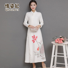 中国风改良汉服唐装旗袍上衣秋冬民族风长裙棉麻茶服禅服女居士服图片