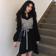 连衣裙女装 新款 气质收腰裙子假两件格子拼接交叉系带衬衫 2018秋装