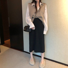 半身裙三件套 秋装 女宽松长袖 新款 针织衫 衬衫 马甲 套装 chic韩版