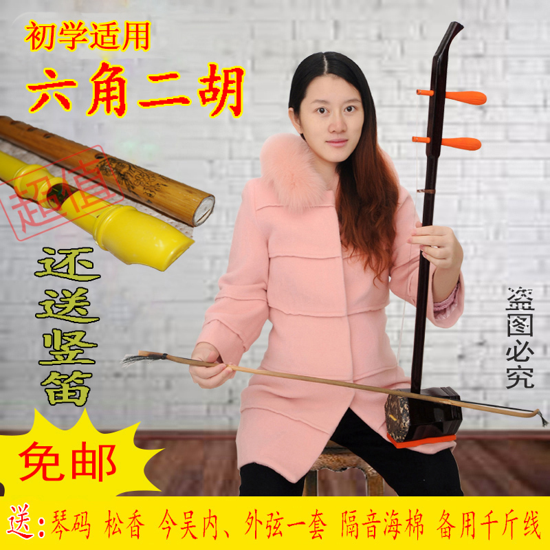 配马尾弓民族乐器送配件弦包邮初学六角二胡乐器送音标贴