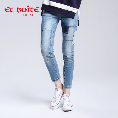 Et Boite/法文箱子 时尚弹力拼贴直筒牛仔裤女长裤E6A200商品大图