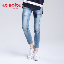 Et Boite/法文箱子 时尚弹力拼贴直筒牛仔裤女长裤E6A200图片