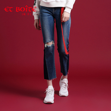 Et Boite/法文箱子膝盖破洞磨破时尚微喇牛仔裤长裤女秋 E6A224图片
