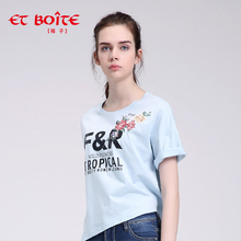 Et Boite/法文箱子夏季新品字母印花上衣 绣花短袖T恤女 E181C131图片