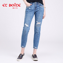 Et Boite/法文箱子新品水洗磨破破洞十字绣牛仔裤九分裤女E6A210图片