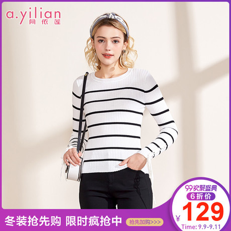 阿依莲2018冬季新款时尚修身套头条纹毛衣女韩版百搭打底线衣商品大图