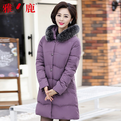 雅鹿妈妈冬装大码羽绒服中长款女士棉服中老年女冬季真毛领外套潮商品大图