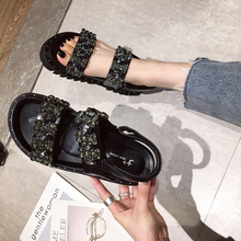 2019夏季新款罗马水钻一字带厚底女凉鞋百搭学生平底女鞋子仙女风