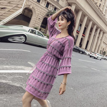 秋季韩版时尚气质镂空V领七分袖系带收腰显瘦针织连衣裙女中裙子