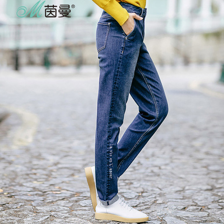 茵曼旗舰店女装2018秋装新款文艺范字母显瘦小脚牛仔裤女长裤女裤商品大图