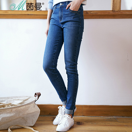 茵曼旗舰店2018秋冬装新款修身显瘦休闲小脚裤牛仔裤女长裤女裤子商品大图