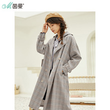 茵曼旗舰店2018秋装新款女装格子复古英伦中长款过膝风衣外套大衣图片