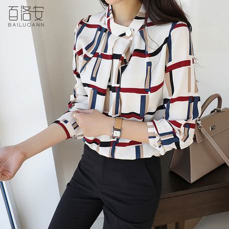 百洛安印花衬衫女装2018秋季新款时尚OL衬衣韩版百搭长袖打底上衣商品大图