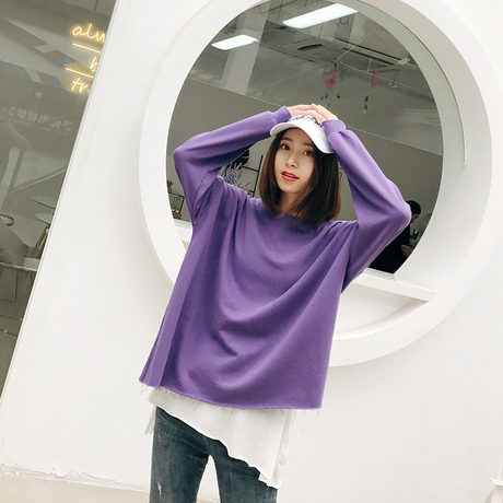 舒雪儿秋装2018新款韩版不规则卫衣女宽松百搭长袖假两件圆领外套商品大图
