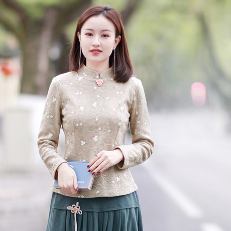 伶俐柠檬21032复古中国风原创女装民国风绣花针织衬衫秋款商品大图