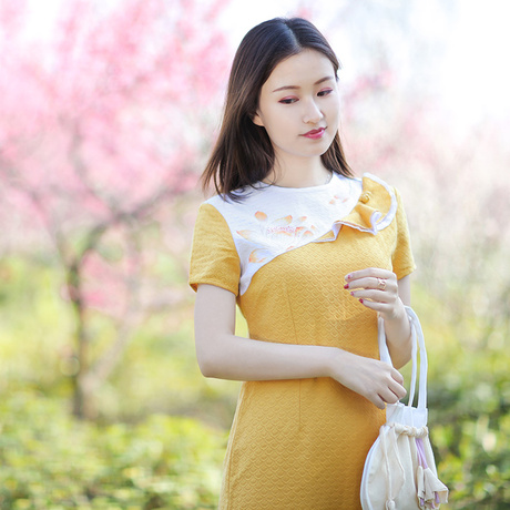伶俐柠檬11321复古中国风女装荷叶边拼接手绘连衣裙中裙 限量3件商品大图