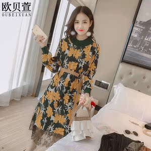 韩版修身碎花雪纺加绒连衣裙