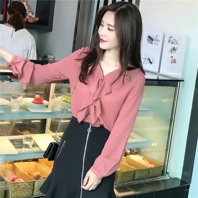 秋装女2018新款韩版超仙荷叶边洋气小衫上衣女长袖百搭白色雪纺衫