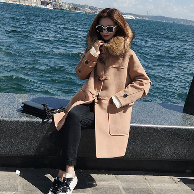 牛角扣呢子大衣女2018新款流行毛领毛呢外套中长款加厚秋冬款学生