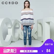 CCDD2018春装新品专柜正品韩版宽松一字肩条纹九分袖衬衫女上衣图片