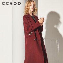 CCDD2018冬装新品专柜正品时尚潮流西装领贴布长款毛呢大衣女外套图片