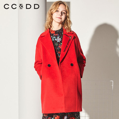 CCDD2018冬装新品专柜正品时尚宽松绣花长款毛呢大衣女甜美外套商品大图